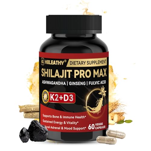 HIILEATHY Shilajit for Men Women, Shilajit w/Vitamin D3 K2, Shilajits for Men w/Fulvic Acid Ashwagandha Ginseng Root, Shilajits for Extra Power Stamina Immune Support, Non-GMO Made in US 60 Capsules