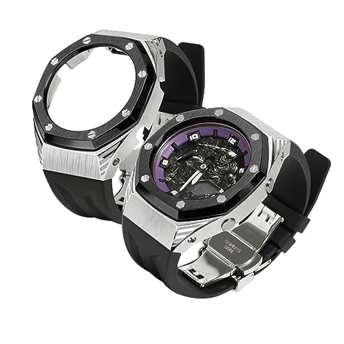Neuupesen Panther Style Stainless Steel Case with Fluorine Rubber Strap - Modification Kit for Men's Watches Gshock GA-2100/GA-2110/GM-2100 (GA/GM2100, BP-Silver(Black)+Black)