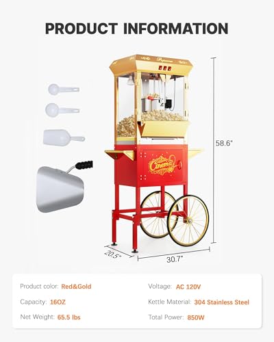 Image of 16oz Commercial Popcorn Machine with Cart, Large Popcorn Maker Machine with Wheels, Movie Theater Pop Corn Machine Stainless-Steel Kettle Makes Up to 80 Cups, Red&Gold