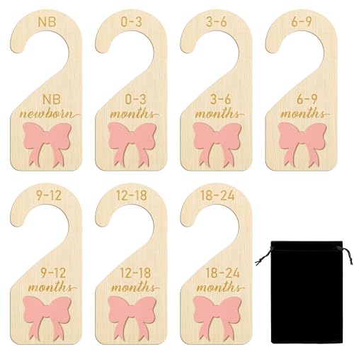 Image of R HORSE Wooden Baby Closet Dividers - 8Pcs 3D Coquette Pink Bow Baby Closet Organizer Double-Sided Newborn Clothes Size Hanger Dividers Nursery Birthday Gift for Boy Girl (0-24 Months)