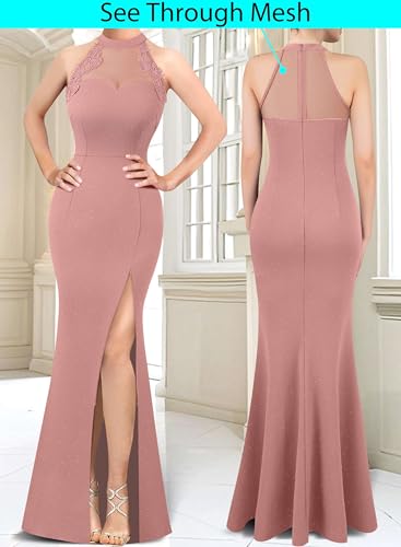 Image of VFSHOW Womens Formal Sexy Halter High Slit Prom Wedding Guest Maxi Dress 2023 Illusion Sweetheart Neckline Evening Long Gown