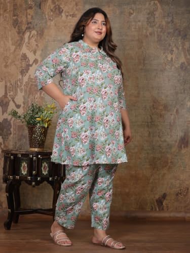 Image of NISHIRE Women's Cotton Floral Co-ord Kurta Set, Plus Size Stylish Ethnic Wear Set