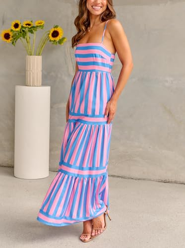 Image of Women Spaghetti Strap Flowy Long Dress Boho Floral Square Neck Maxi Dress Summer A-Line Dresses for Beach Vacation