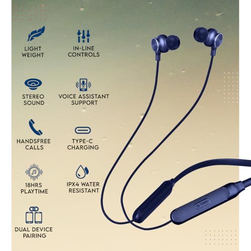 Image of Zimo AeroFlex Bluetooth 5.2 Wireless in-Ear Headphones, 18Hrs Playtime, Deep Bass, HD Calls, Dual Device Pairing, Voice Assist, Type-C Fast Charge Wireless Neckband, IPX4 (Navy)