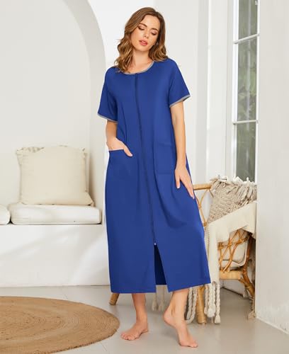 Image of Ekouaer Women Robe Zipper Short Sleeves Full Length House Coat with Pockets