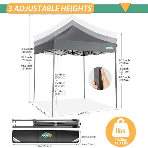 Image of COBIZI 6.6x6.6 Pop Up Canopy Tent No Sidewalls,Heavy Duty Canopy,Gray