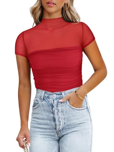 Image of REORIA Women's Sexy Mock Turtle Neck Short Sleeve Shirts Sheer Mesh Ruched Trendy Going Out Bodysuits Tops