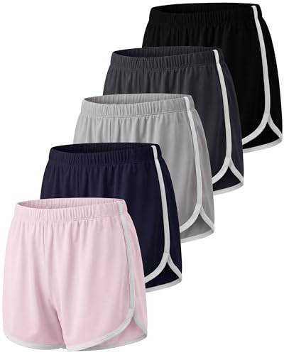 Image of Real Essentials 5 Pack: Girls' Dry-Fit Athletic Dolphin Shorts for Youth Kids Teens Running Gym Sports (Ages 4-16)