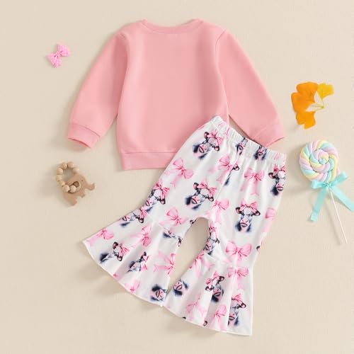 Western Bell Bottom Outfits For Toddler Girls Fall Winter Clothes Cow Print Crewneck Sweatshirt Flare Pants Casual Set3
