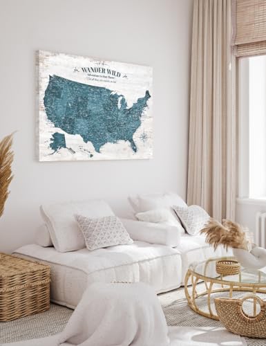 Image of IPIC - Vintage Teal USA Map Wall Art, Push Pin USA Map to Track Your Travels, Farmhouse Style Canvas Wall Decor for Home, Office, Living Room or RV, Ready to Hang, Made in USA