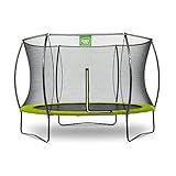 Cama elástica redonda y compacta con un borde protector de color verde lima