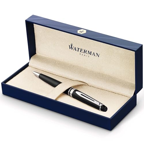 Waterman Expert bolígrafo, con adorno cromado, punta media con cartucho de tinta azul, estuche de regalo, color negro mate