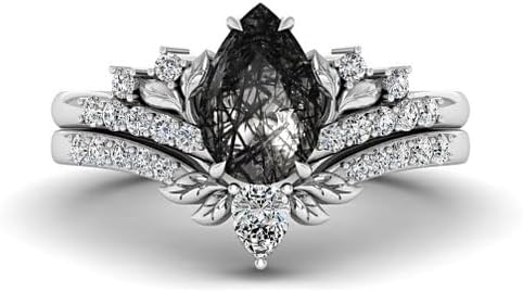 Generic Black Gold Rutilated Quartz Engagement Ring Set Women, Leaf Shaped Nature Inspired Gothic Black Stone Ring, Pear Shaped Wedding Bridal Ring