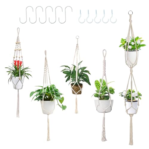 Surplex Macramé Hangmand, set van 5 Boho Decoratieve Katoenen Touw Plantenhangers, Bloempot Plantenhouder met Haken voor Binnen Buiten Tuin Plafond, Balkon, Muur, Woondecoraties, Beige