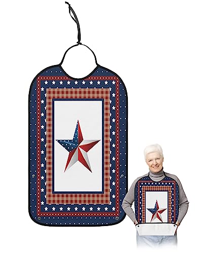 4th of July Adult Bibs for Eating, Waterproof Bibs with Food Catcher & Adjustable Snap Closure, Patriot Independence Day Polka Dot Star Washable Clothing Protectors Adult Bibs for Elderly Women/Men