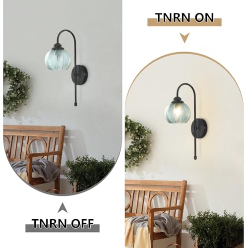 Image of KCO Lighting Vintage Green Glass Wall Sconce Black Globe Sconce Mid Century Modern Long Wall Light Fixture for Living Room Bedroom Bathroom