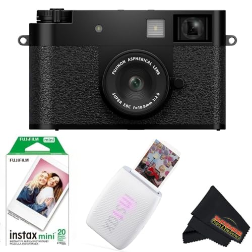 Image of FUJIFILM X Half Digital Camera with Fujifilm Instax Mini Link 3 Smartphone Printer and Sunshine Microfiber Cleaning Cloth... (Black, Clay White Printer + 20 Sheets)
