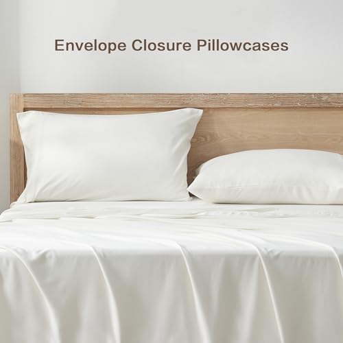 Image of Andency Ivory Full Sheets Set 100% Viscose Derived from Bamboo | Cooling Summer Sheets, Deep Pocket Up to 16 inch, Silky Soft Hotel Luxury Breathable Bedding Sheets & Pillowcases