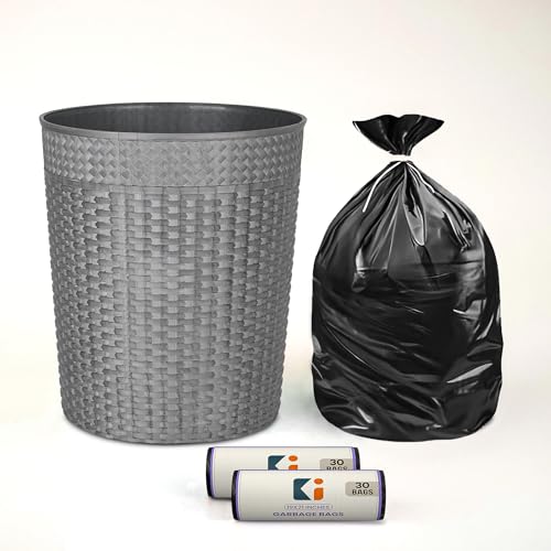 Image of Kuber Industries Dustbin & Garbage Bag Set | 10 L Open Waste Bin with (Black - 2 Roll) 19x21 Inch Disposable Bags for Kitchen, Office | Check - Grey