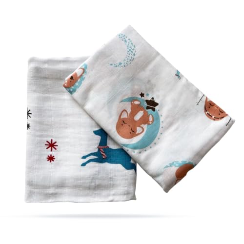 Image of Tinylane 100% Cotton Printed Swaddle Wrap for Newborn Baby | Soft & Breathable Muslin Blanket, 90 x 90cm, Skin-Friendly | for 0-2 Years | Pack of 2 (Blue Moon & Teal Dancing Deer Designs)