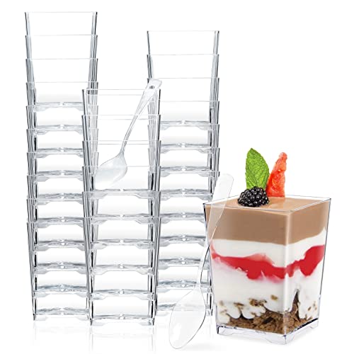 Echify 50 vasos de postre de plástico con cucharas, 4 onzas, 120 ml, reutilizables, mini vasos de postre, tazas de postre, para manualidades, postre, pudín, mousse, helado, bodas, cumpleaños, fiestas Cover