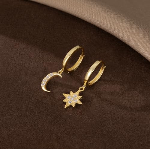 Reffeer Solid 925 Sterling Silver Moon Star Dangle Earrings Hoop for Women Teen Girls CZ Moon Star Hoop Earrings Huggie Dangle Earrings Asymmetrical4