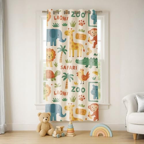 Image of STITCHNEST Velvet Kids Curtains Pack of 1 | Zoo Safari Animal Print | Semi Blackout Curtains for Baby Room, Nursery & Toddler Bedroom | 5 Feet