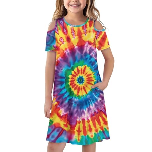 Girls Summer Cold Shoulder Dresses 3-14Y Kids Casual Short Sleeve Mini School Outdoor Dress with Pockets