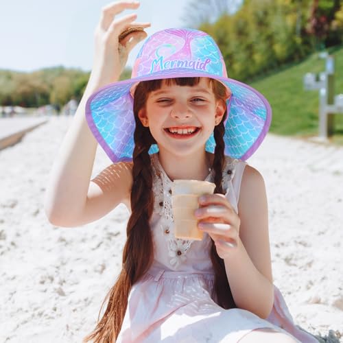 Girls Sun Hat for Kids UV Protection Unicorn Summer Hat Beach Play Hats Wide Brim Neck Flap for Girls Ponytail Hat 2-9 Years - Image 3