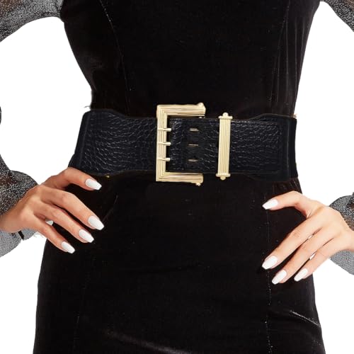 Wide Elastic Waist Belt for Women Ladies Black Crocodile Pattern with Gold Buckle Stretchy Cinch Belt for Dress
