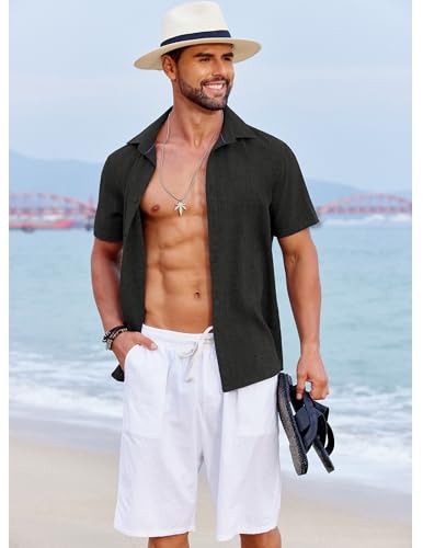 COOFANDY Men's Beach Summer Shirts Linen Texture Shirts Short Sleeve Casual Button Down Shirt2