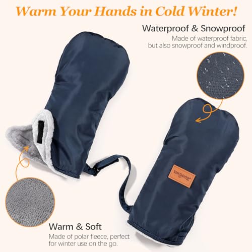 Zooawa Stroller Gloves, Universal Stroller Hand Muff with Warm Polar Fleece, Baby Stroller Gloves with Vel-cro Design, Waterproof and Snowproof Stroller Mittens for Stroller Accessories, Indigo2