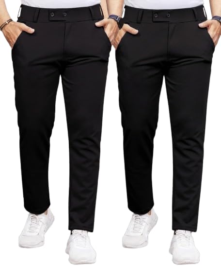 Image of Men's Slim Fit Lycra Formal Trousers Combo | Stretchable Smart Casual Pants for Office Wear | Mid-Rise Flat Front Stylish Chinos