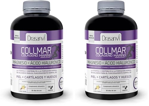 DRASANVI COLLMAR COLAGENO HIDROLIZADO con Ácido Hialurónico, Magnesio y Vitamina C Natural - Huesos y Articulaciones - Colágeno Marino 3.900 mg/día | 180 comp : 30 días | Sabor Vainilla (Paquete de 2)