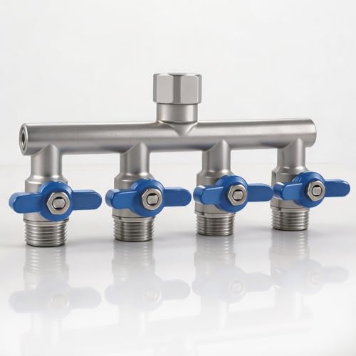 304 Stainless Steel Garden Hose Splitter 4 Way Heavy Duty Full Flow T Valve Water Hose Splitter With 2.1 Extra Long Handle Lead-free3/4 GHT Thread Connector For Outdoor Spigot Faucet
