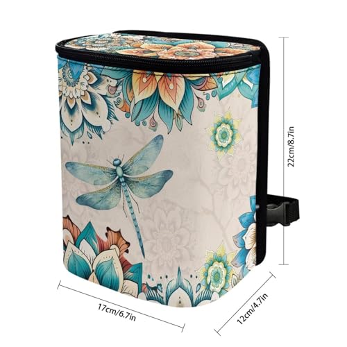 Image of Bohemian Flower Dragonfly Car Trash Bin with Lid,Leak-Proof Car Organizer, Waterproof Car Garbage Can for Vehicle /Home /Office