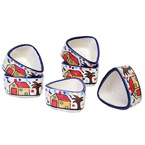 Image of Freakway Handpainted 6 Dips of Hut Ceramic Dip Bowl /Chutney Bowl /Pickle Bowl /Sauce Serving Bowl Set (50 ML, Small, 6-Pieces, Multicolour, Cartoon Shape Triangle)