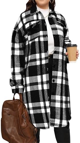 Women's Plus Size Plaid Flannel Shacket Long Shirts Jacket Tartan Boyfriend Oversized Coat Fall Clothes Fashion Outfits