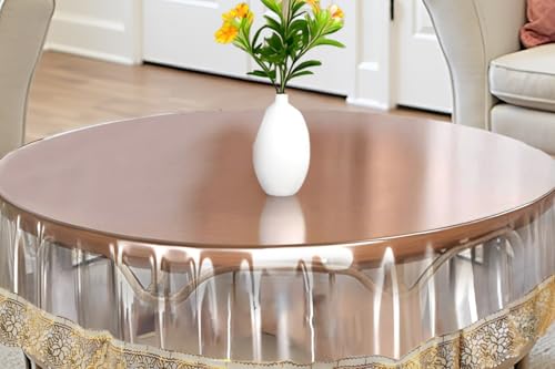 Image of The Furnishing Tree Round Shaped Center Transparent Table Cover WxL 30x30 inches 0.25 mm Thickness with Golden Lace