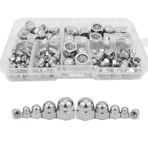 TA-VIGOR 100PPcs Acorn Dome Cap Nuts, Stainless Steel Head Cap Hex Nut, Acorn Thread Hex Cap Head Nuts Assortment Kit M8 M6 M5 M4 M3 for Screws Bolts Fasteners