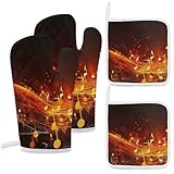 Red Flame Music Note - Juego de guantes de horno y soportes para ollas, almohadillas calientes antideslizantes para cocina, guantes de agarre flexible para parrilla al aire libre para barbacoa