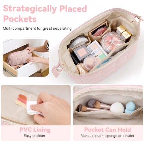 Image of MAYCREATE Makeup Pouch Bag Quilted Makeup Organisers Waterproof Travel Toiletry Bag for Woman, Portable Zipper Cosmetic Travel Organizer Pouch for Skincare Toiletries (Pink, 23 * 11.5 * 15cm)