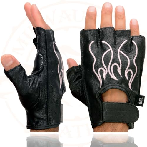 Image of Milwaukee Leather SH198 Men's Black Flame Embroidered Fingerless Gloves with Gel Palm | Padded Comfort; Vibration Relief; Flame Embroidery