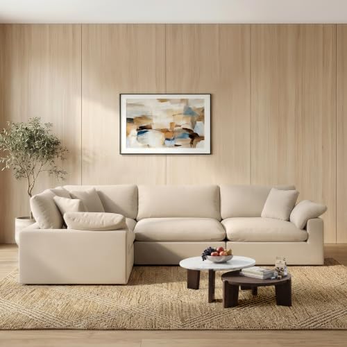 Image of Modular Sectional Sofa,4 Seater Cloud Couch,Down Filled Comfy Cloud Modern Sofa,Khaki Linen Oversized Couch Cushion Covers Removable for Living Room