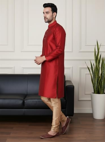 Image of Sadree Men's Silk Blend Mandrin Collor Full Sleeve Knee Length Indian Kurta Chudidar Pyjama Set