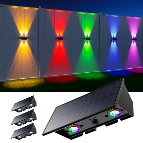 4 Pack Color Changing Solar Powered Fence Lights for Outside Up and Down Wall Mount Lamps Outdoor RGB Decorative Waterproof LED for Porch, Deck, Patio, Yard, 4 Lenses for High Brightness Illumination