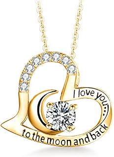 T400 Sterling Silver Necklace I Love You to The Moon and Back White Cubic Zirconia Heart Pendant Jewellery Gifts for Women Wife Girlfriend Her Birthday Valentines