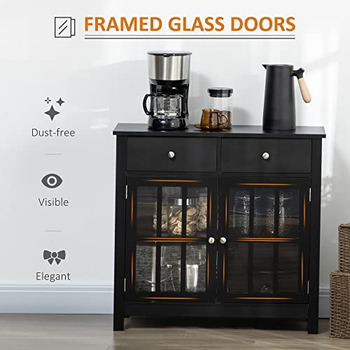 Homcom Sideboard Buffet Cabinet, Accent Kitchen Cabinet With Glass Doors, Adjustable Shelf And 2 Drawers For Kitchen, Black #TOP4