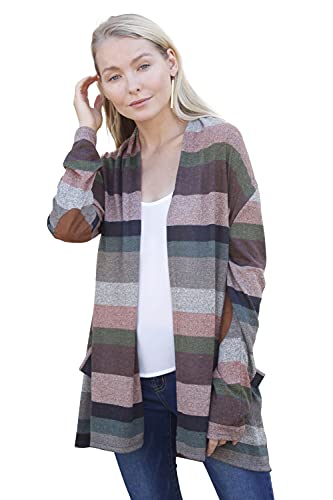 Image of Eloges Women's Multi Stripe Soft Knit Open Cardigan with Suede Elbow Patch