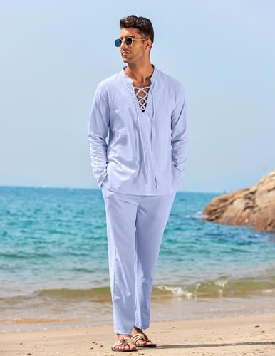 COOFANDY Men's 2 Piece Linen Set Long Sleeve Henley Shirts Casual Beach Pants With Pockets Summer Yoga Outfits2